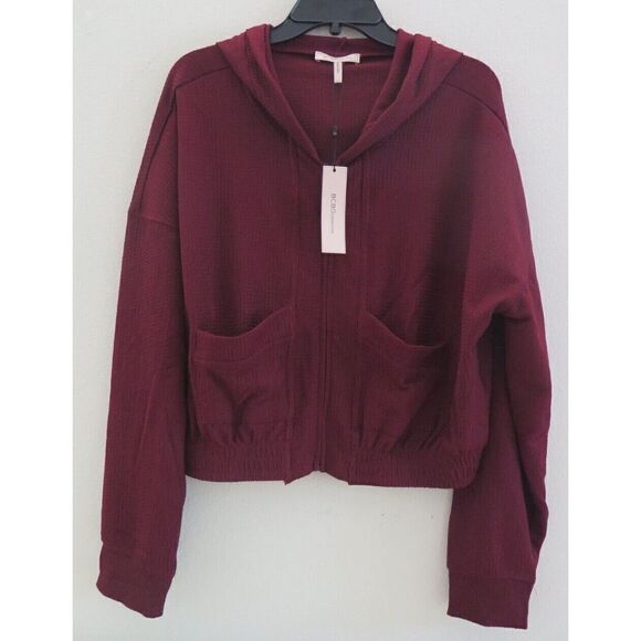 BCBGeneration Women's Sz L Wine Short Waffle Knit Slouchy Zip Up Hoodie $98+ - Picture 1 of 8